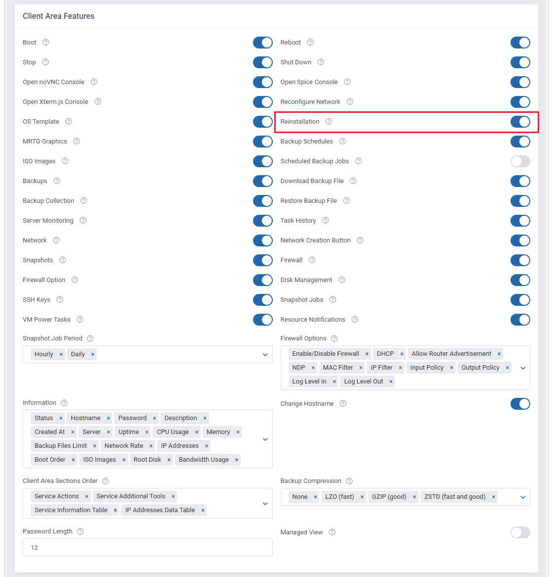 Proxmox VE VPS And Cloud For WHMCS: module Client Area Features section with the Reinstallation switch highlighted