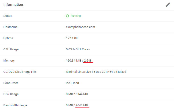 Proxmox VE VPS And Cloud For WHMCS: client area Information table with Memory 2 GiB and Bandwidth 2048 MB underlined