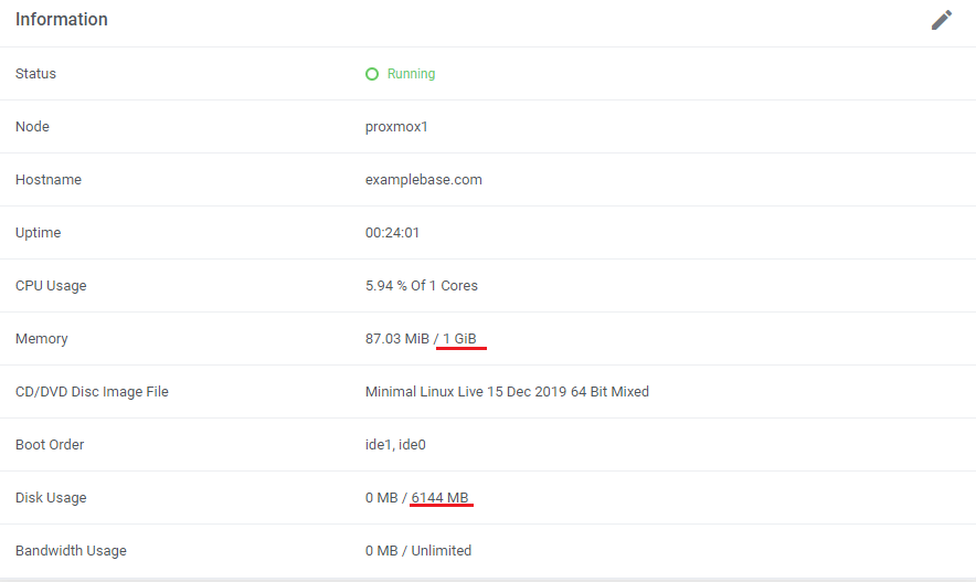 Proxmox VE VPS And Cloud For WHMCS: client area Information table with Memory 1 GiB and Disk Usage 6144 MB underlined