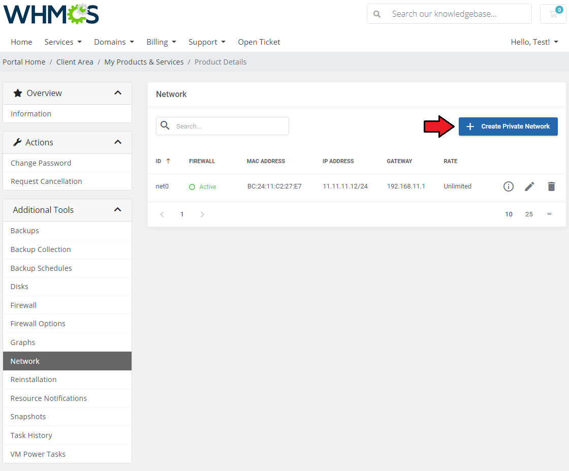 Proxmox VE VPS And Cloud For WHMCS: client area Network page with the Create Private Network button