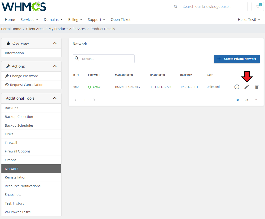 Proxmox VE VPS And Cloud For WHMCS: client area Network page with an arrow on the edit icon of net0