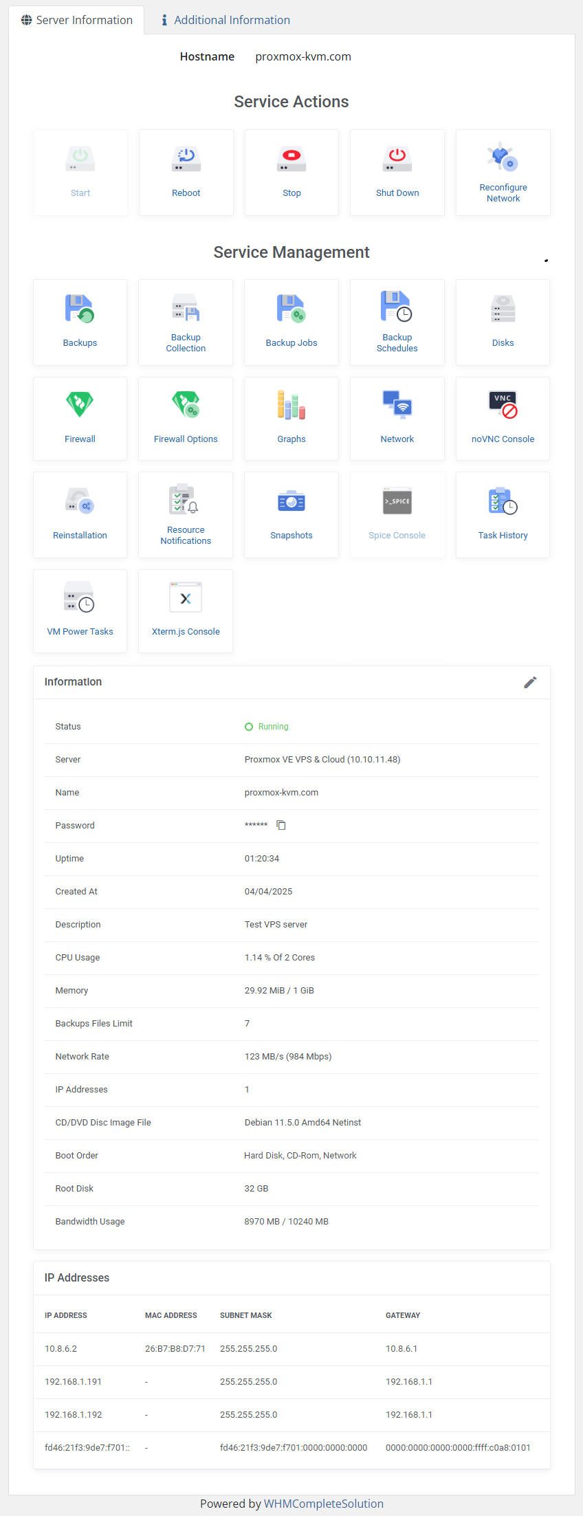 Proxmox VE VPS And Cloud For WHMCS: client area VPS details with service actions, information and IP addresses table