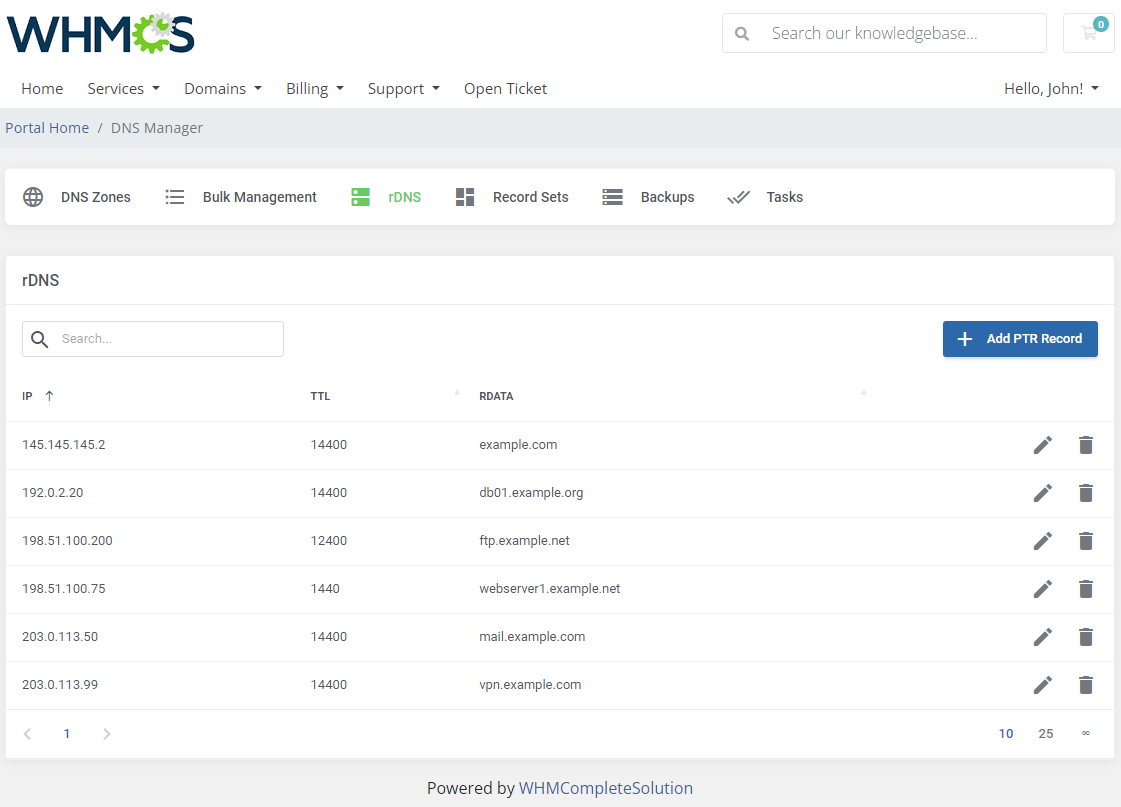 Proxmox VE VPS And Cloud For WHMCS: WHMCS client area DNS Manager rDNS tab listing PTR records with the Add PTR Record