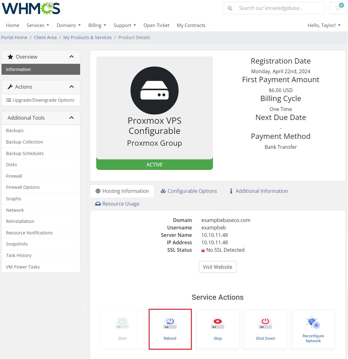 Proxmox VE VPS And Cloud For WHMCS: client area product details with the Reboot service action highlighted