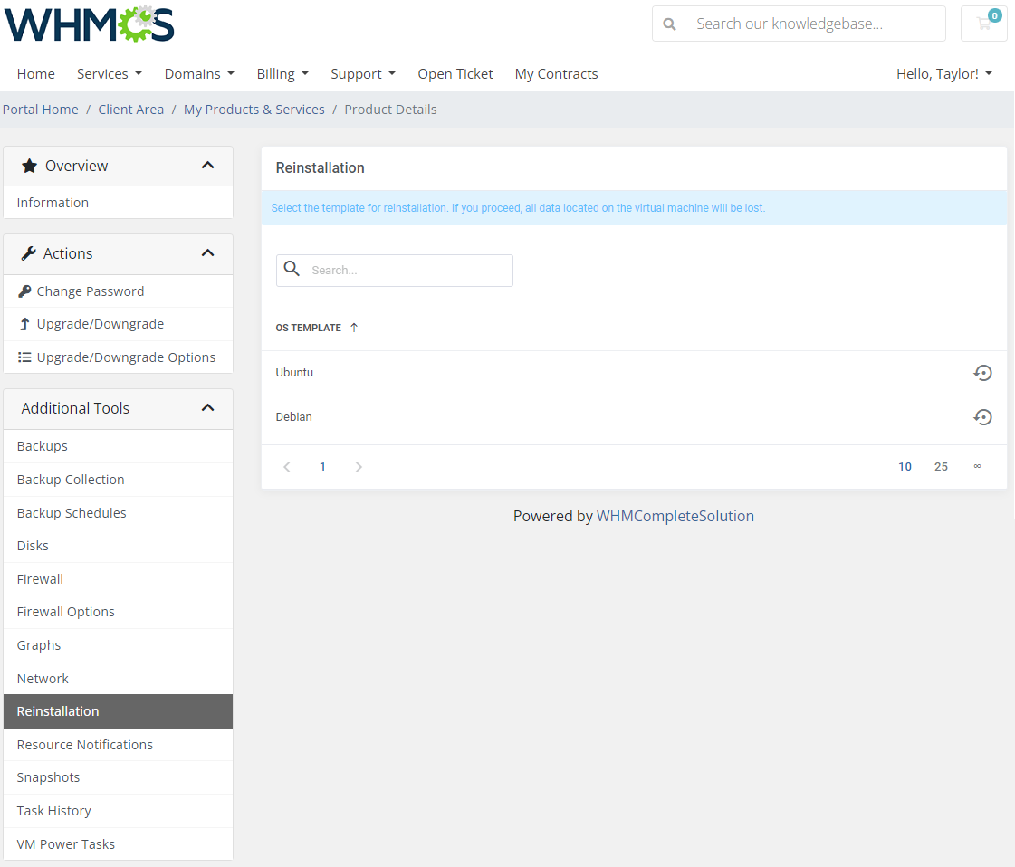 Proxmox VE VPS And Cloud For WHMCS: client area Reinstallation page listing Ubuntu and Debian OS templates