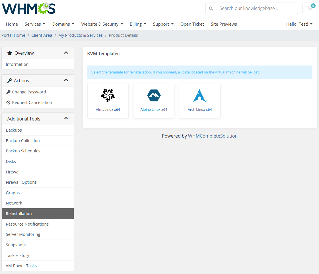 Proxmox VE VPS And Cloud For WHMCS: client area Reinstallation page with AlmaLinux, Alpine Linux and Arch Linux KVM