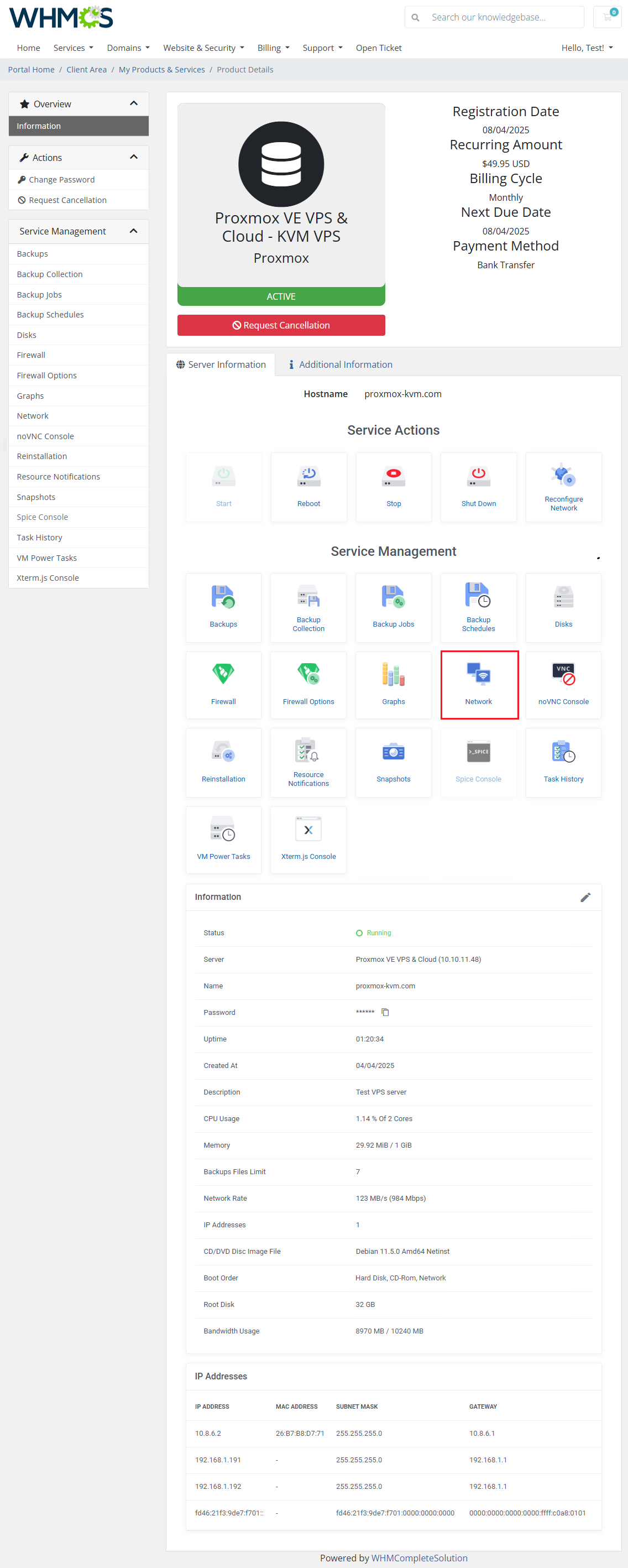 Proxmox VE VPS And Cloud For WHMCS: client area product page with Service Management tiles and Network highlighted