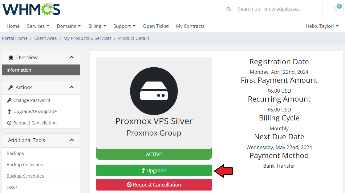 Proxmox VE VPS And Cloud For WHMCS: client area product details with the Upgrade button for Proxmox VPS Silver
