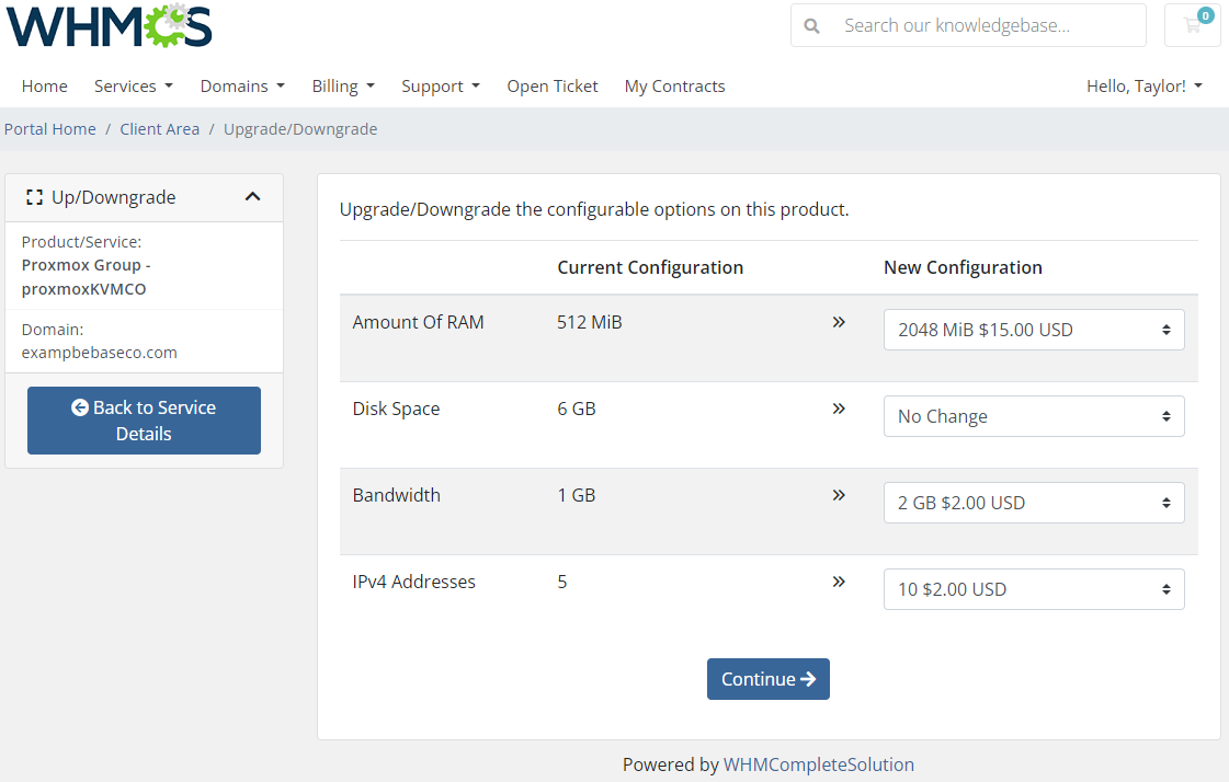 Proxmox VE VPS And Cloud For WHMCS: client area Upgrade/Downgrade page with current and new configurable options