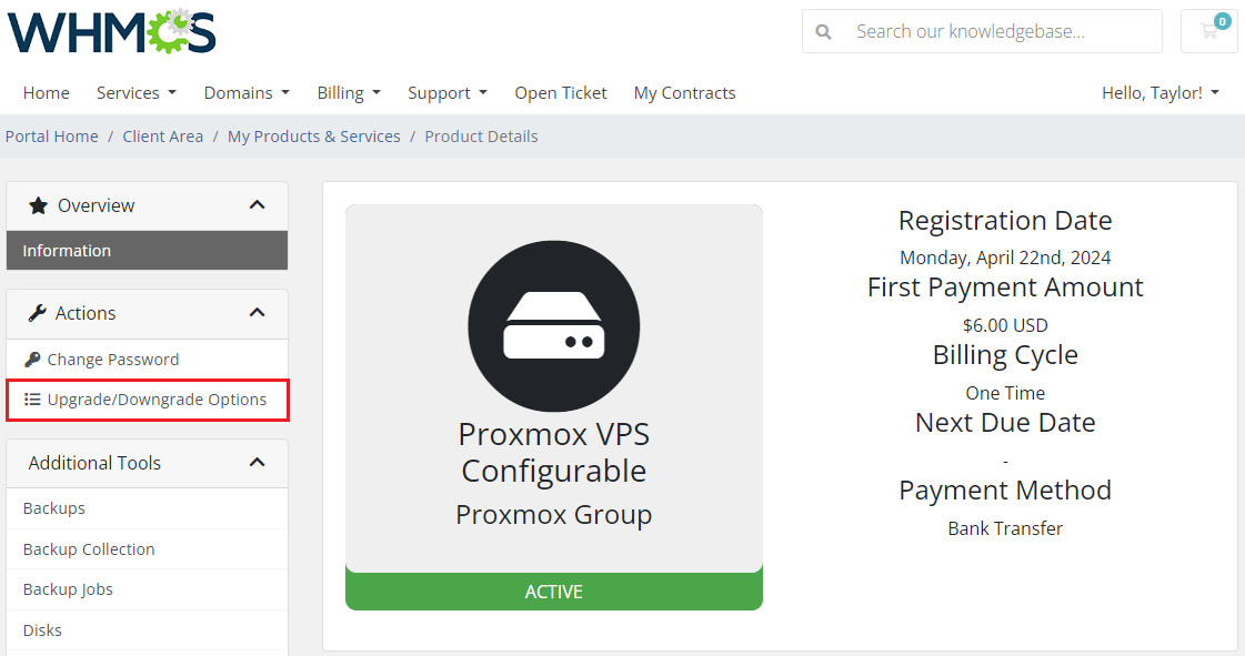 Proxmox VE VPS And Cloud For WHMCS: client area product details with Upgrade/Downgrade Options link highlighted