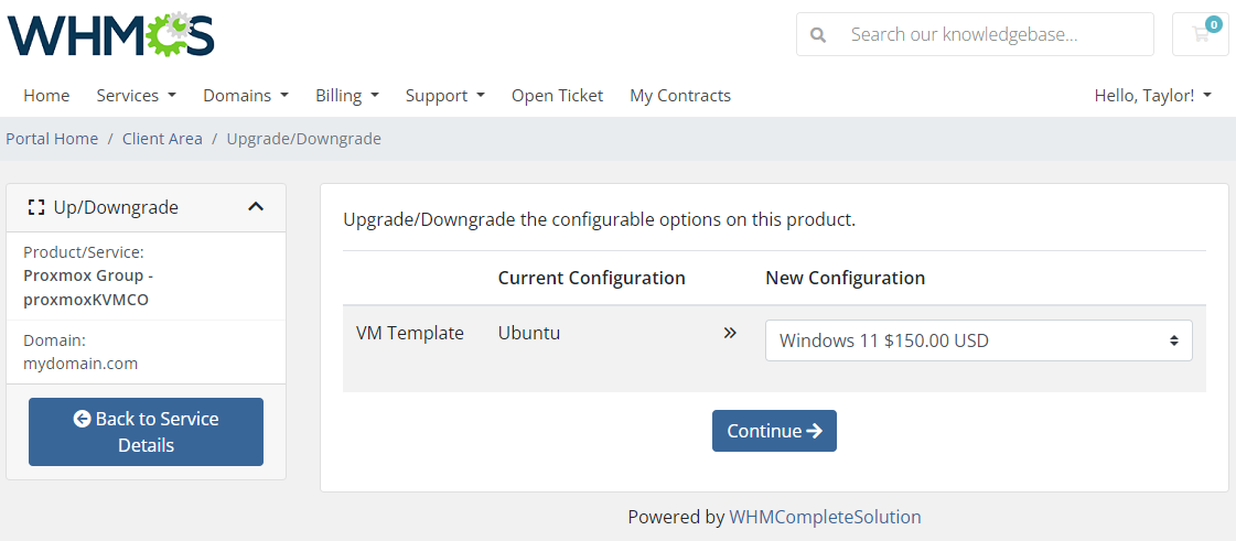 Proxmox VE VPS And Cloud For WHMCS: client area Upgrade/Downgrade page changing the VM Template to Windows 11