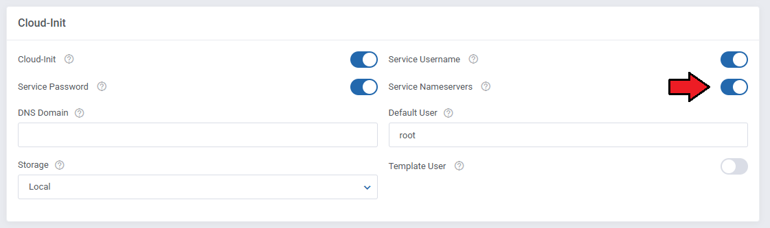 Proxmox VE VPS And Cloud For WHMCS: module settings Cloud-Init section with the Service Nameservers option enabled