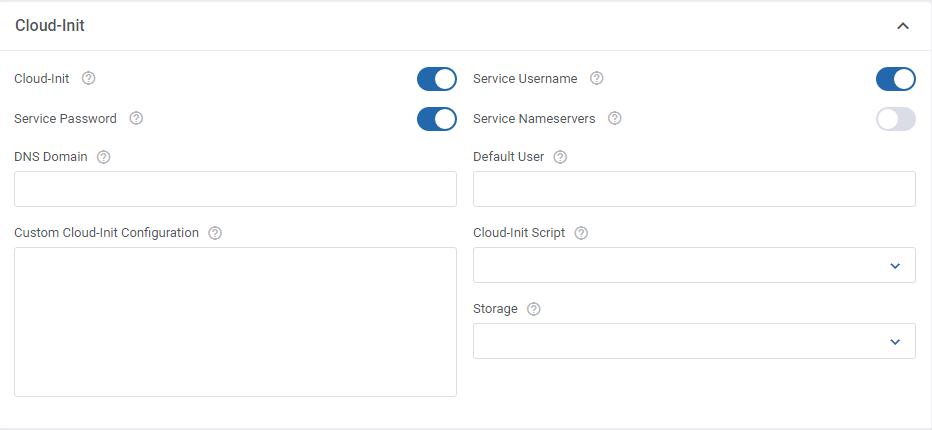 Proxmox VE VPS And Cloud For WHMCS: Cloud-Init module settings with Cloud-Init, Service Username and Service Password on