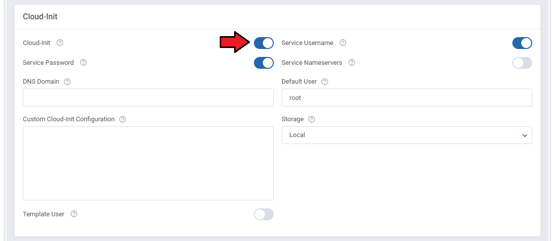 Proxmox VE VPS And Cloud For WHMCS: product module settings Cloud-Init section with the Cloud-Init switch enabled