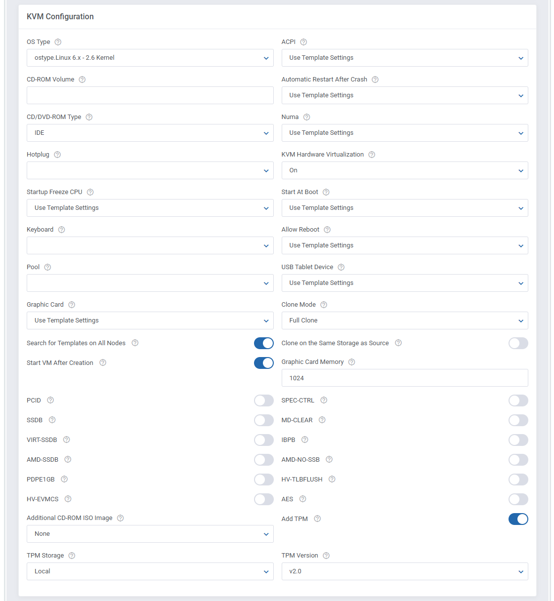 Proxmox VE VPS And Cloud For WHMCS: Cloud KVM module settings KVM Configuration section with OS and hardware options