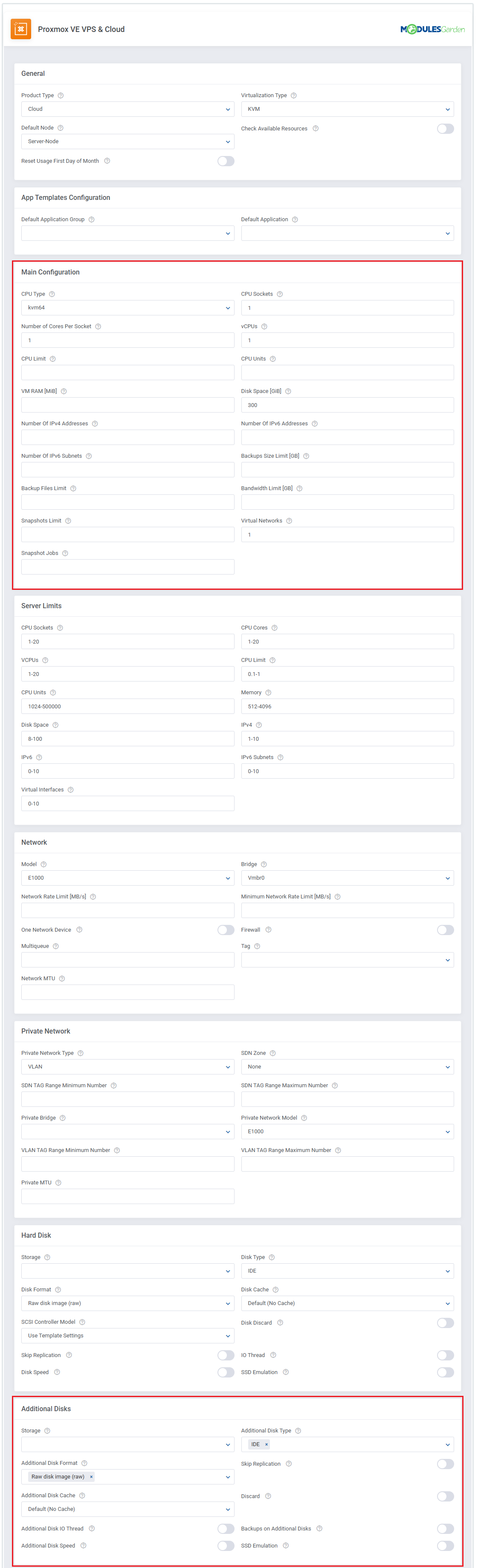 Proxmox VE VPS And Cloud For WHMCS: Cloud KVM module settings with main configuration and additional disks highlighted