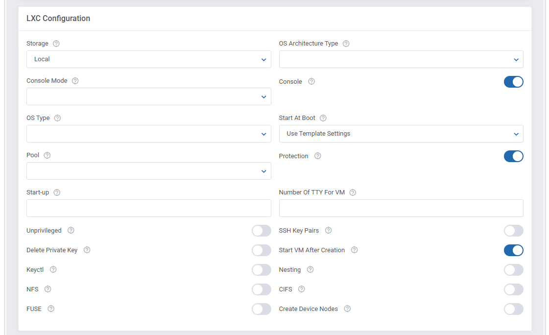 Proxmox VE VPS And Cloud For WHMCS: Cloud LXC module settings LXC Configuration section with its options