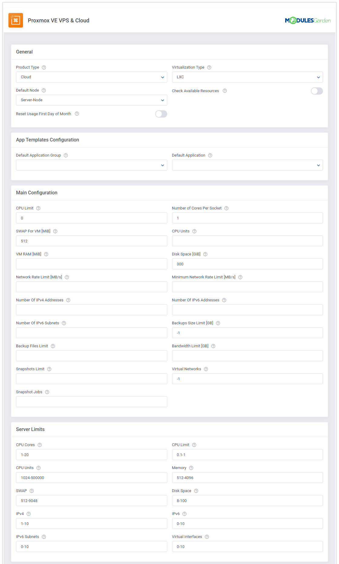 Proxmox VE VPS And Cloud For WHMCS: Cloud LXC module settings with main configuration and server limits