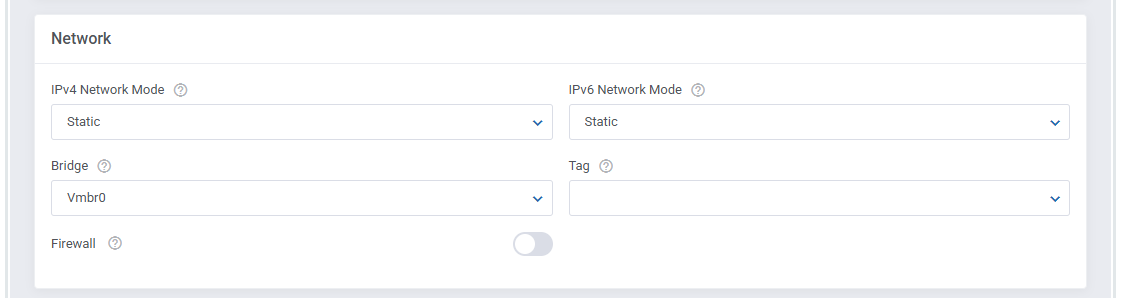 Proxmox VE VPS And Cloud For WHMCS: Cloud LXC module settings Network section with IPv4 and IPv6 network modes