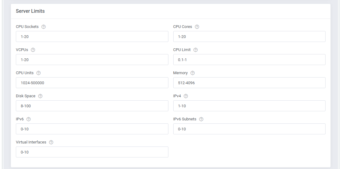 Proxmox VE VPS And Cloud For WHMCS: module settings Server Limits section with CPU, memory, disk and IP ranges