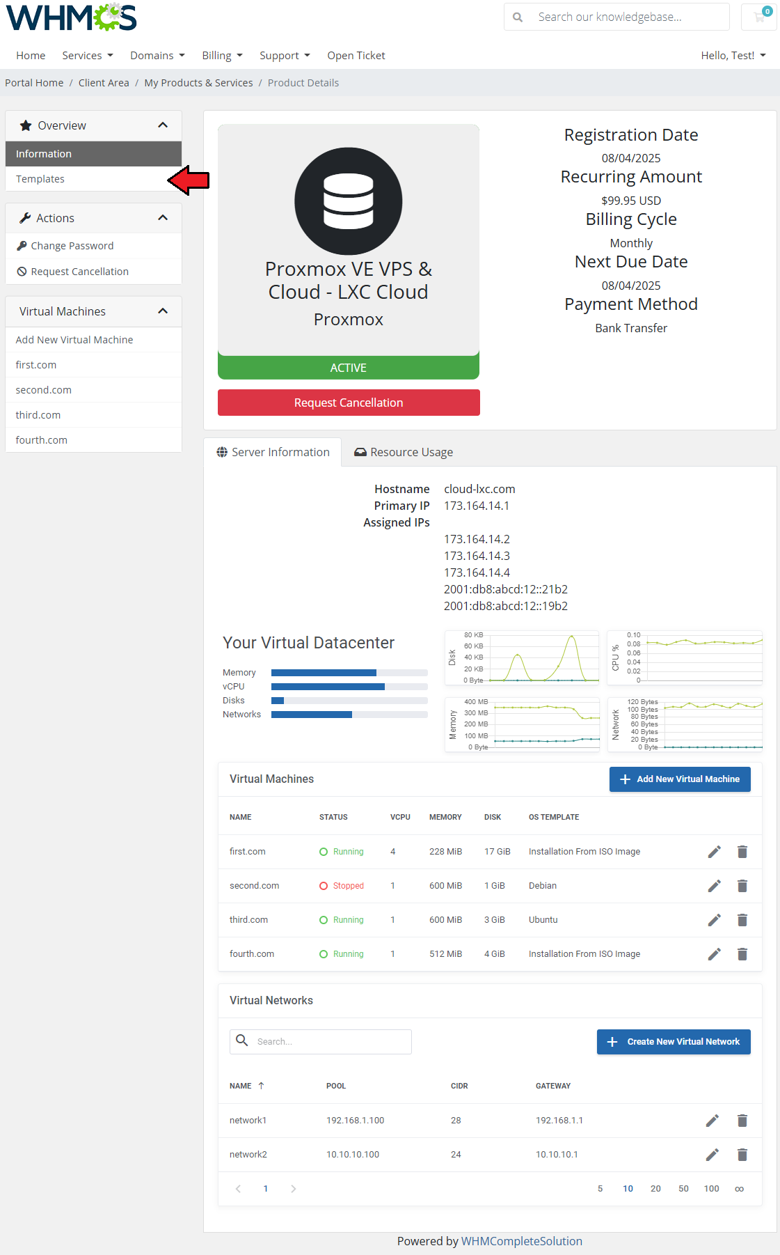 Proxmox VE VPS And Cloud For WHMCS: cloud product page with the Templates link in the left menu highlighted