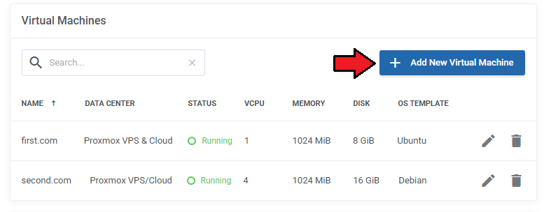 Proxmox VE VPS And Cloud For WHMCS: Virtual Machines list in a cloud product with the Add New Virtual Machine button