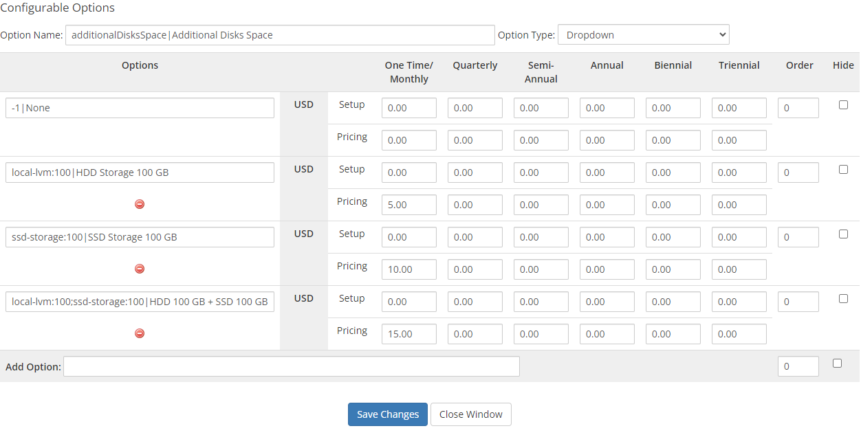 Proxmox VE VPS And Cloud For WHMCS: admin additionalDisksSpace option with combined local-lvm and ssd-storage values