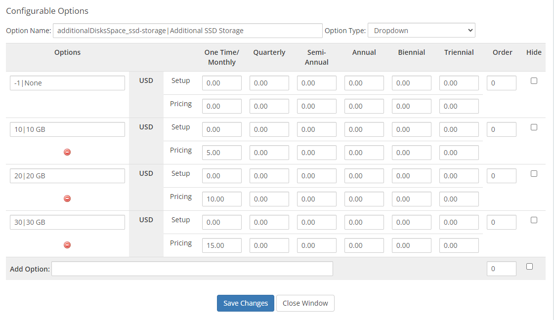 Proxmox VE VPS And Cloud For WHMCS: admin additionalDisksSpace_ssd-storage option with 10, 20 and 30 GB values