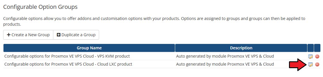 Proxmox VE VPS And Cloud For WHMCS: WHMCS admin Configurable Option Groups list with groups generated by the module