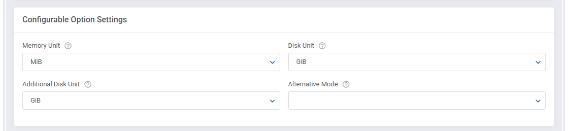 Proxmox VE VPS And Cloud For WHMCS: module settings Configurable Option Settings with memory and disk unit fields