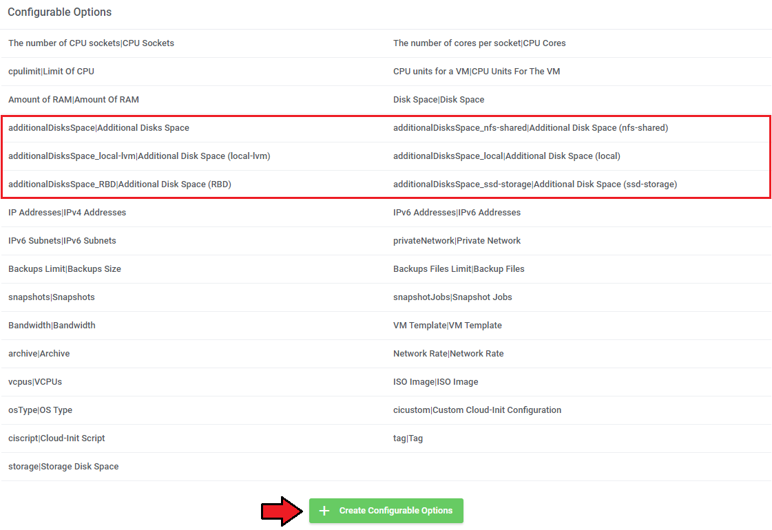 Proxmox VE VPS And Cloud For WHMCS: admin Configurable Options list with additional disk space options and Create button