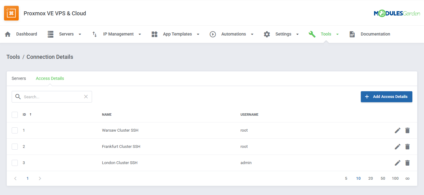 Proxmox VE VPS And Cloud For WHMCS: Connection Details, Access Details tab, with SSH profiles list