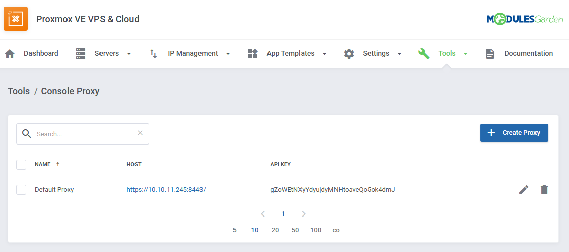Proxmox VE VPS And Cloud For WHMCS: Tools Console Proxy page with the list of proxy connections and the Create Proxy