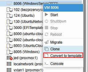 Proxmox VE VPS And Cloud For WHMCS: Proxmox VM context menu for VM 8006 with the Convert to template option marked