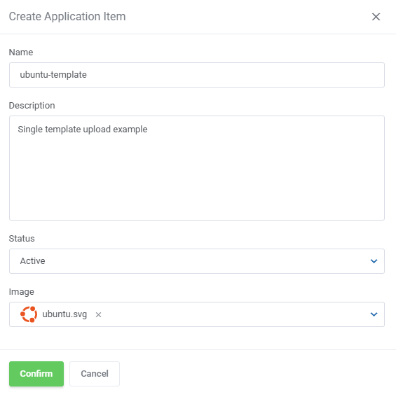 Proxmox VE VPS And Cloud For WHMCS: Create Application Item dialog with name, description, status and image fields