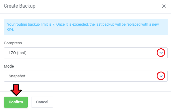 Proxmox VE VPS And Cloud For WHMCS: Create Backup dialog with compression type, mode and Confirm button