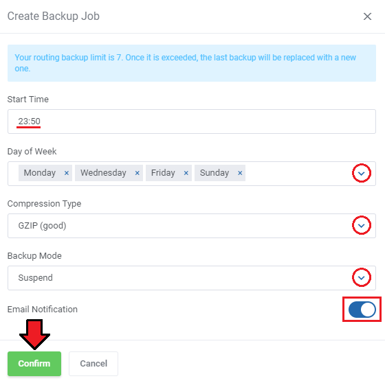 Proxmox VE VPS And Cloud For WHMCS: Create Backup Job dialog with start time, days, compression and email notification