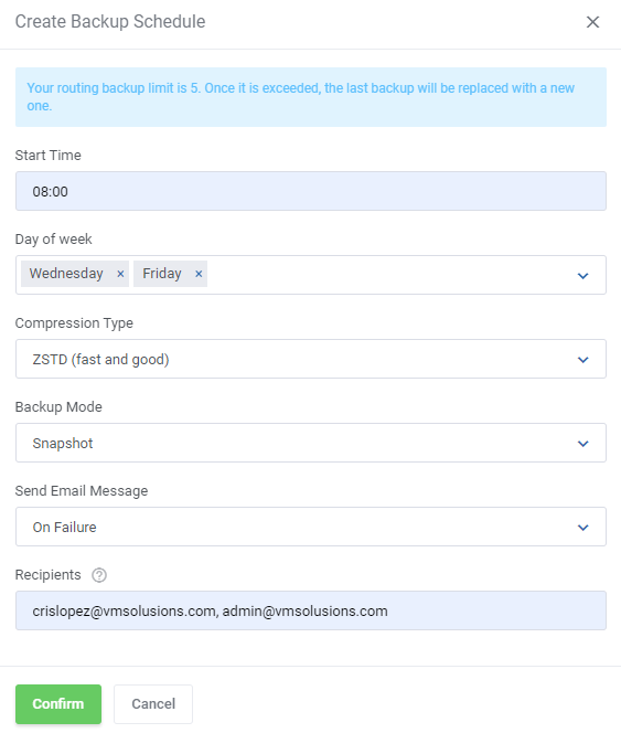 Proxmox VE VPS And Cloud For WHMCS: Create Backup Schedule dialog with days, compression, mode and email recipients