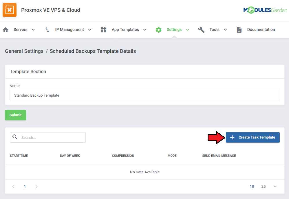 Proxmox VE VPS And Cloud For WHMCS: Scheduled Backups Template Details page with the Create Task Template button