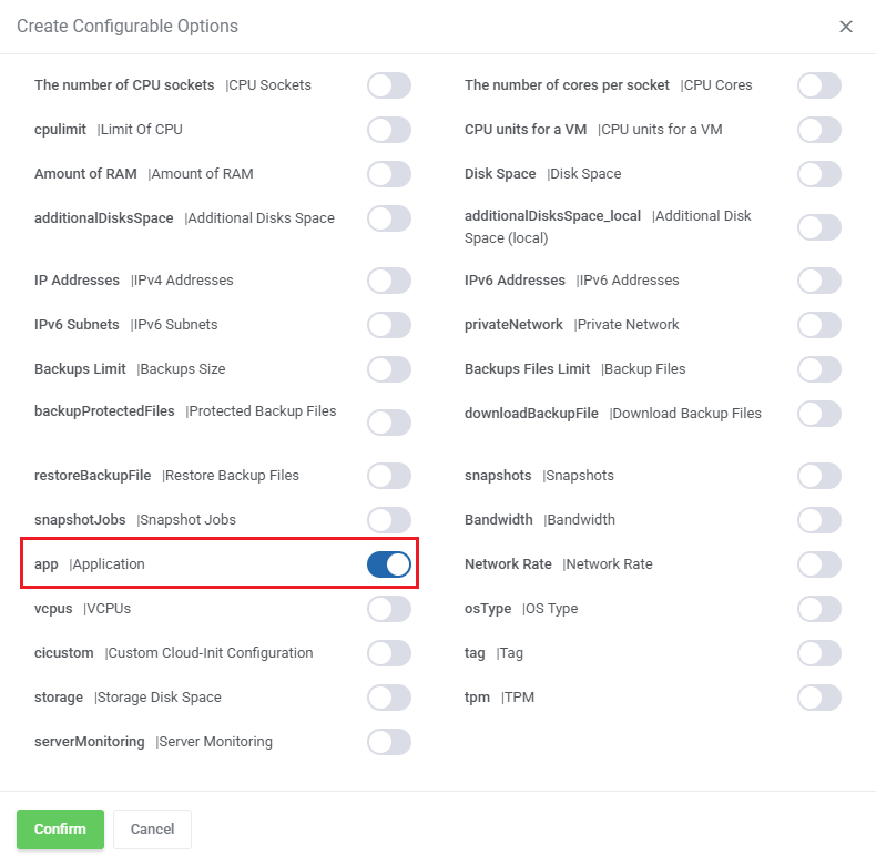 Proxmox VE VPS And Cloud For WHMCS: Create Configurable Options dialog with the app option switched on