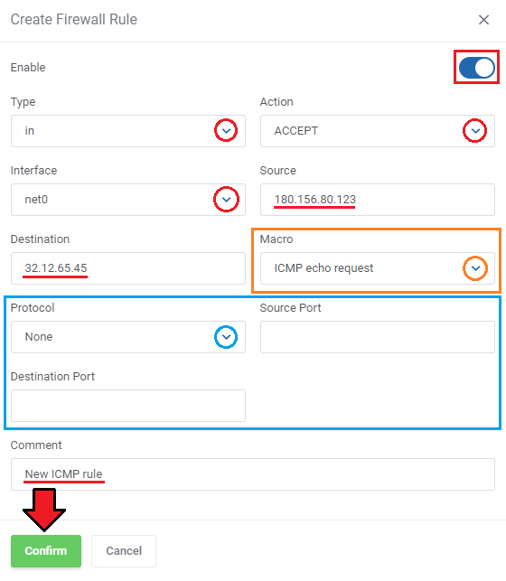 Proxmox VE VPS And Cloud For WHMCS: Create Firewall Rule dialog with type, action, interface, source, macro and protocol