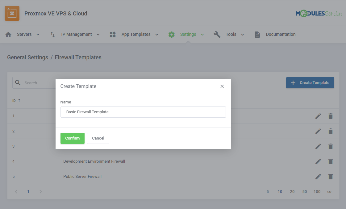 Proxmox VE VPS And Cloud For WHMCS: addon Firewall Templates list with the Create Template dialog