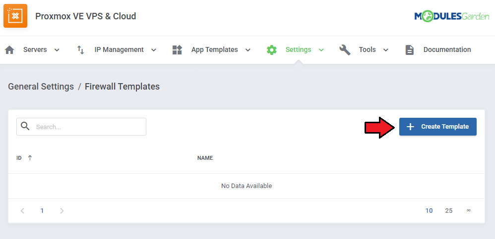 Proxmox VE VPS And Cloud For WHMCS: Firewall Templates list in the addon with the Create Template button