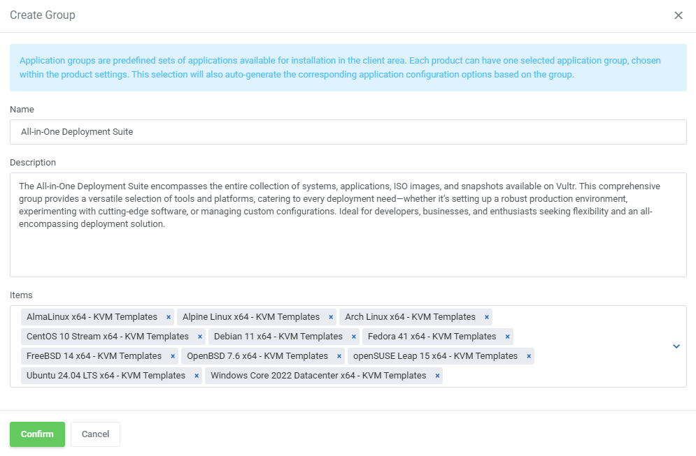 Proxmox VE VPS And Cloud For WHMCS: Create Group dialog with name, description and items fields