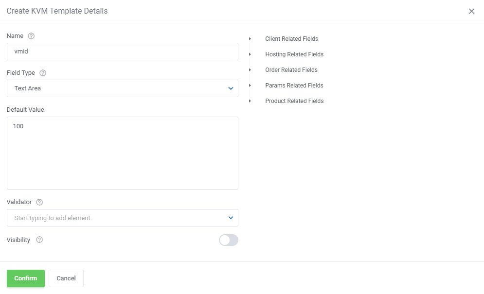 Proxmox VE VPS And Cloud For WHMCS: Create KVM Template Details dialog with the vmid name and default value