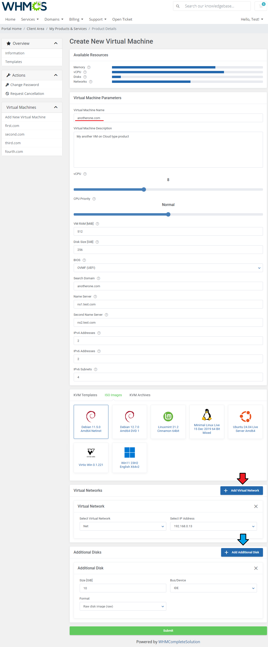 Proxmox VE VPS And Cloud For WHMCS: Create New Virtual Machine form with resources, ISO images, networks and additional