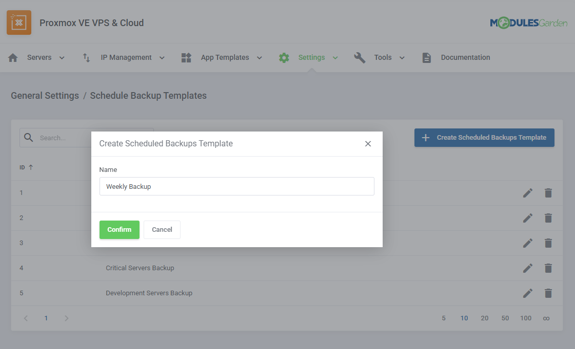 Proxmox VE VPS And Cloud For WHMCS: addon Schedule Backup Templates list with the Create Scheduled Backups Template