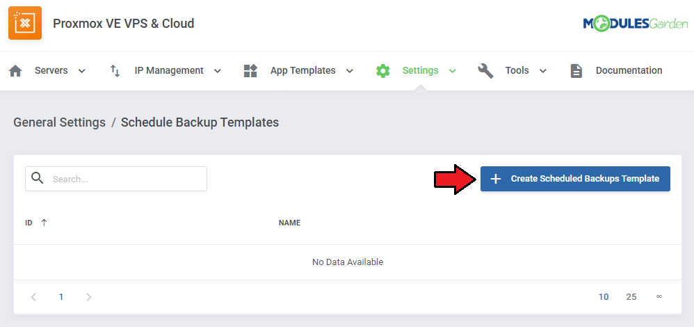 Proxmox VE VPS And Cloud For WHMCS: Scheduled Backup Templates list with the Create button