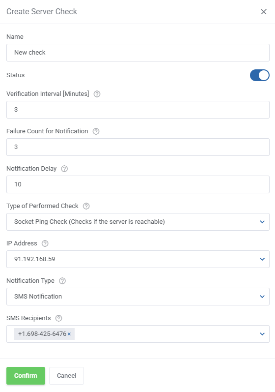 Proxmox VE VPS And Cloud For WHMCS: client area Create Server Check form with interval, check type, IP and SMS