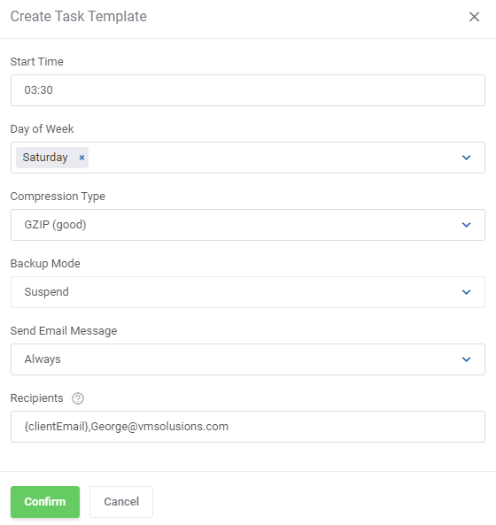 Proxmox VE VPS And Cloud For WHMCS: Create Task Template dialog with schedule fields and {clientEmail} in Recipients